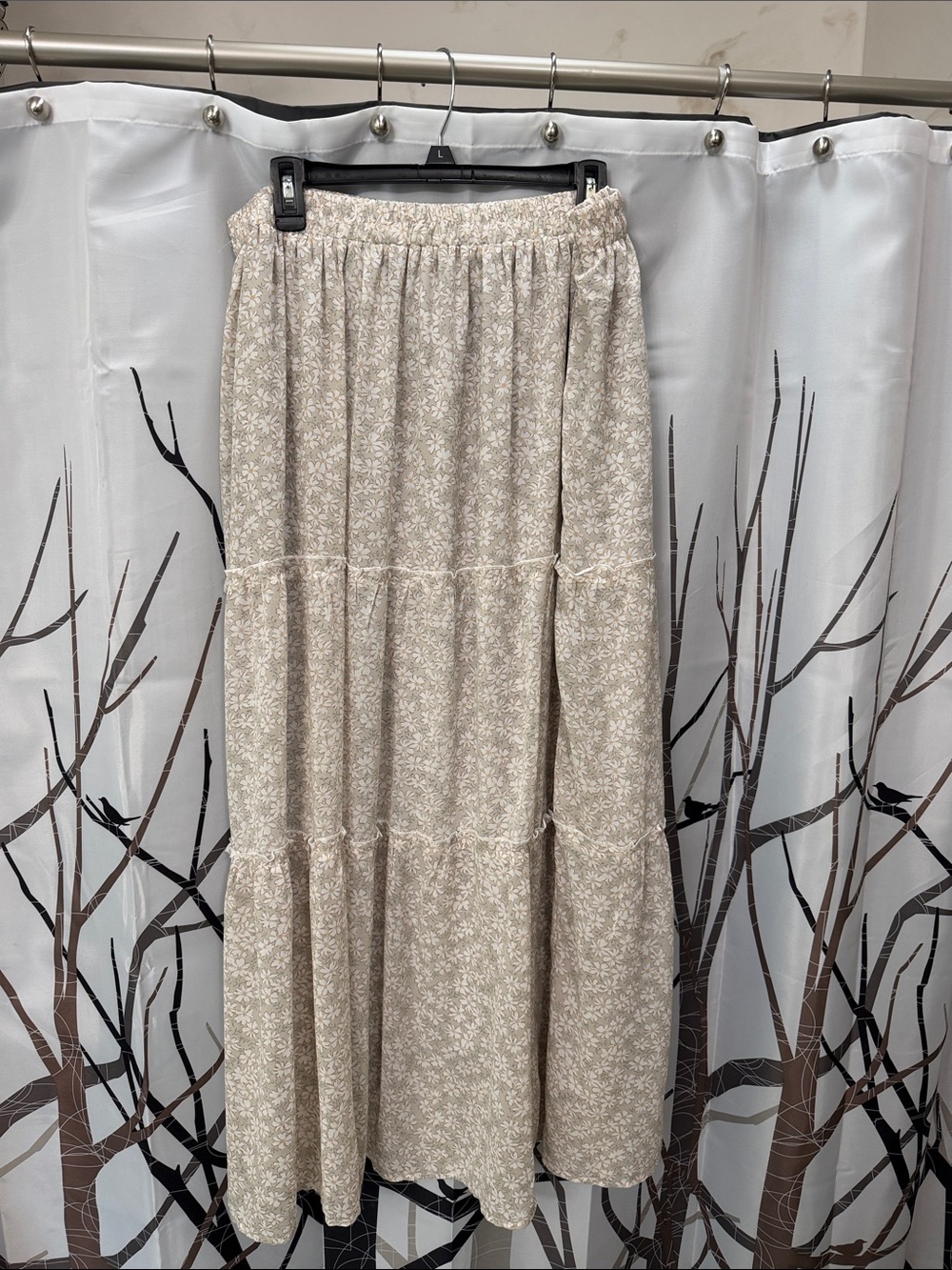 Flowy Beige Floral Tiered Maxi Skirt - Women
